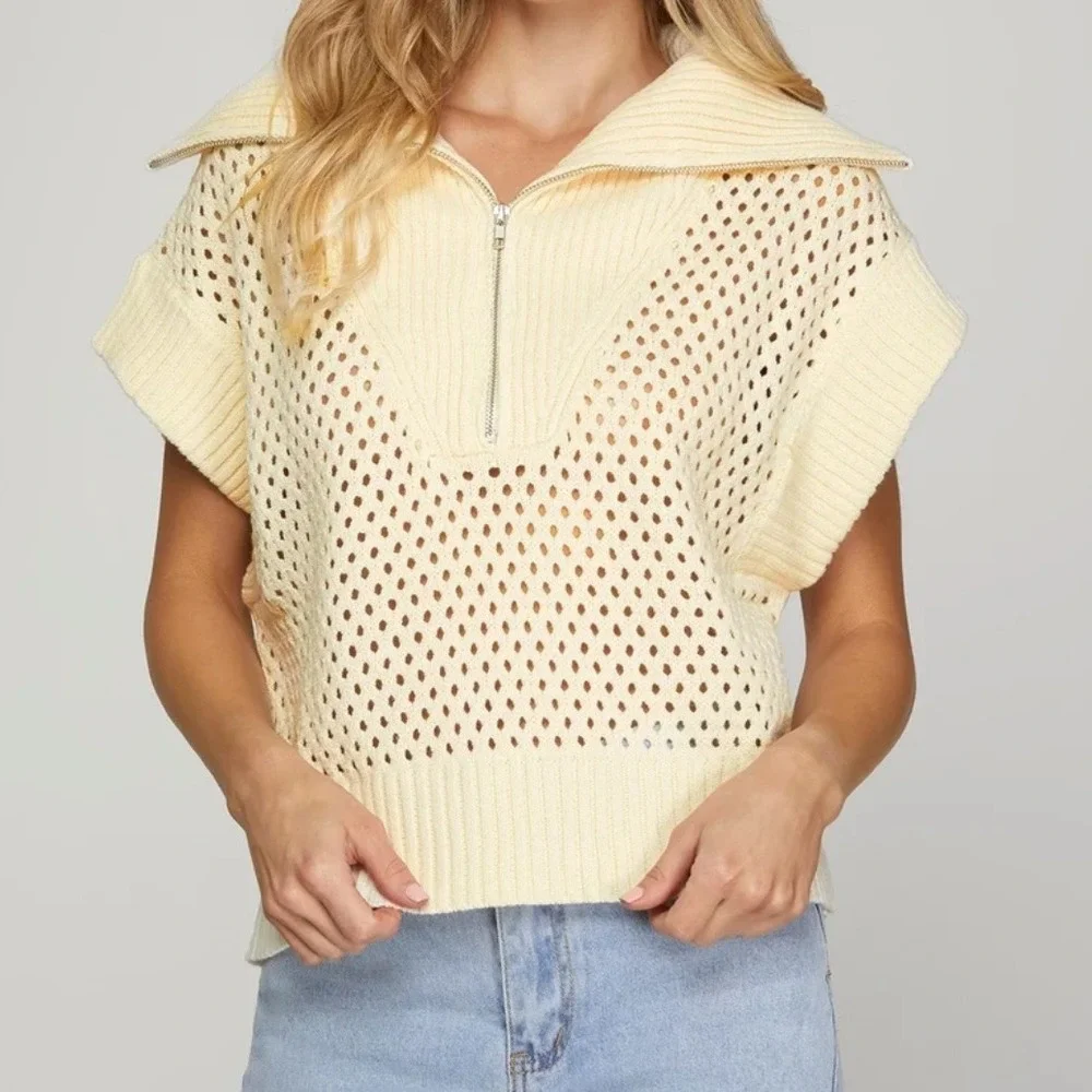Scotch Soda Amsterdam Yellow‎ Crochet Knit Quarter Zip Vest Sweater Sz M Open